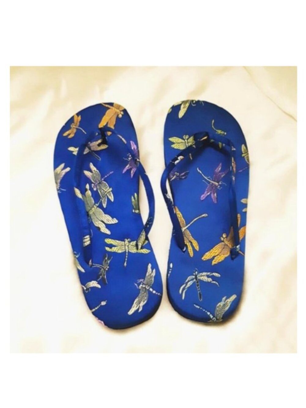 Satin BLUE Woven Dragonfly Open-Toe Flip Flops, L